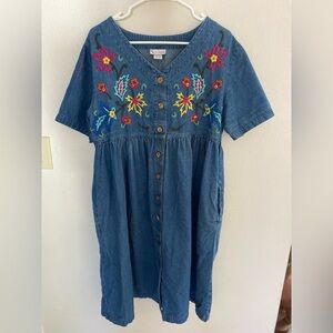 Go Softly Patio Blue Denim Button Down Embroidered Beaded Jean Dress Large